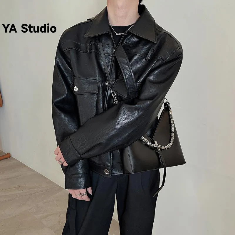 

[YA Studio] 2023 Winter Niche Shoulder Pad Loose Plus Fleece Thick Leather Coat Male Motorcycle Casual Leather Jacket Tide