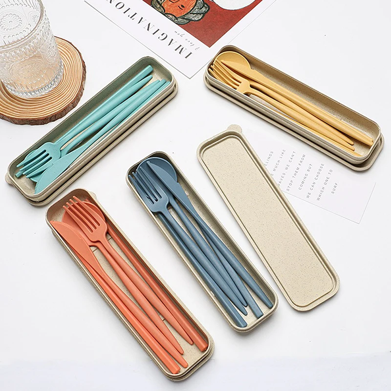 

4PCS/Set Cutlery Wheat Straw Spoon Fork Chopsticks With Box Students Tableware Travel Portable Dinnerware Kitchen Accessories