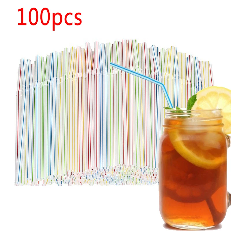 

100pcs Disposable Straws Flexible Plastic Straws Striped Multi-Color Drinking Straws Bendy Black Straw Bar Party Supplies