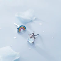 new fashion lucky unicorn stud earings asymmetry colourful cubic zirconia unicorn rainbow earring for girl trendy jewelry