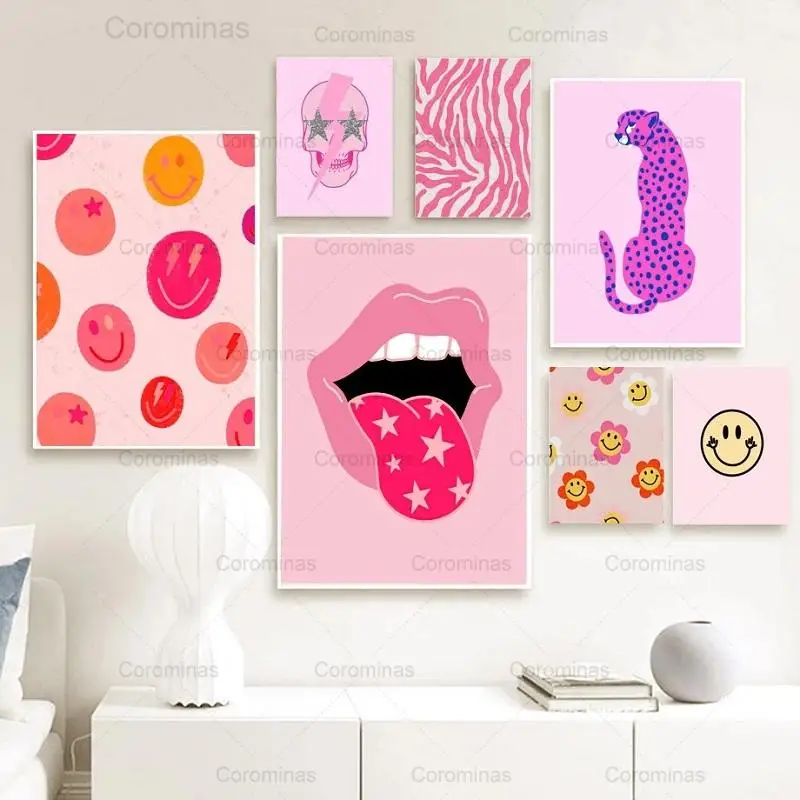 

Fashion Pink Morocco Cheetah Poster Abstract Red Lips Smiley Modular Hd Print Canvas Painting Wall Art Murals Gallery Home Decor