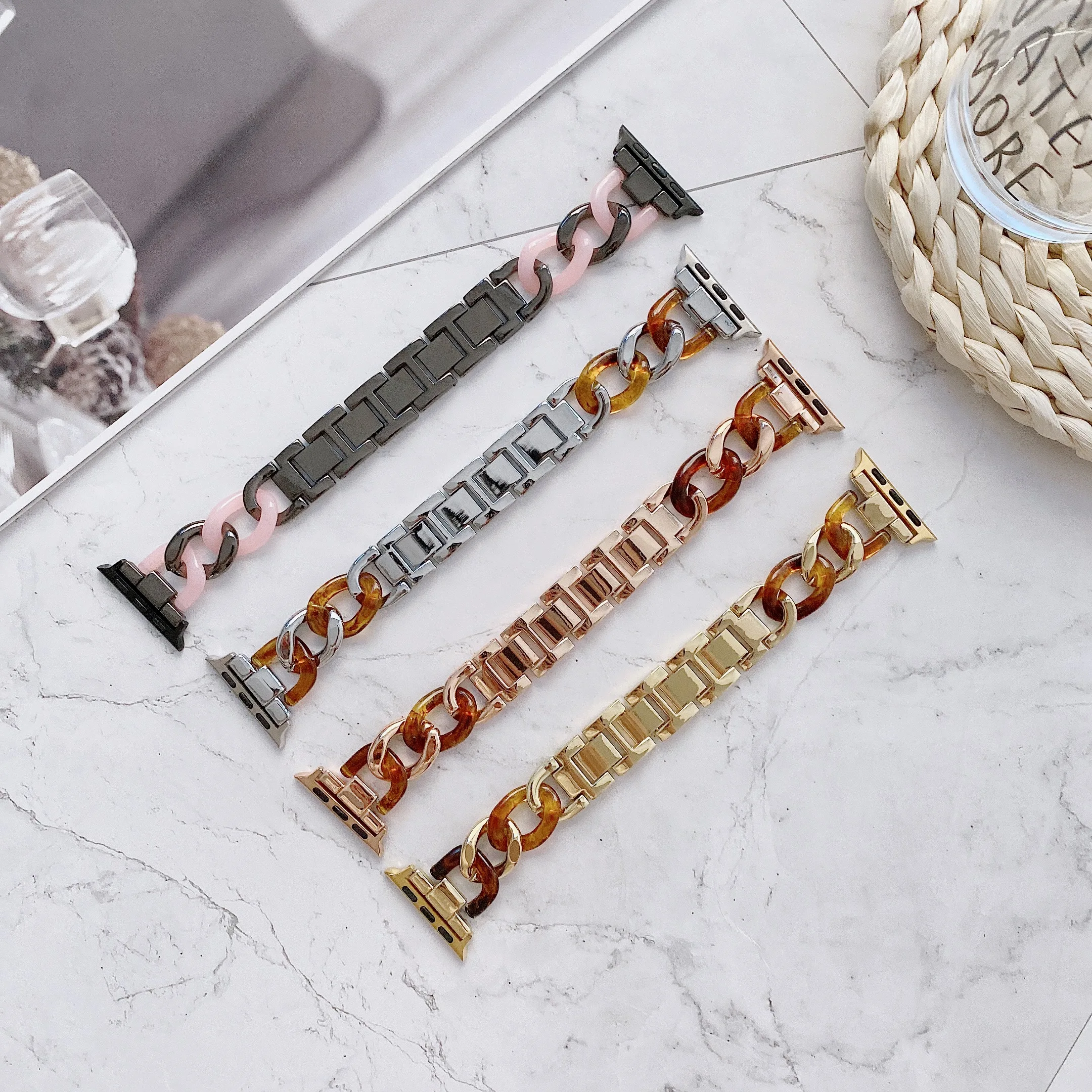 Resin Stainless Steel Bracelet for Apple Watch 8 7 6 5 4 3 2 1 SE Luxury Band for IWatch 40 44MM Watch Strap 38 42 41 45mm band