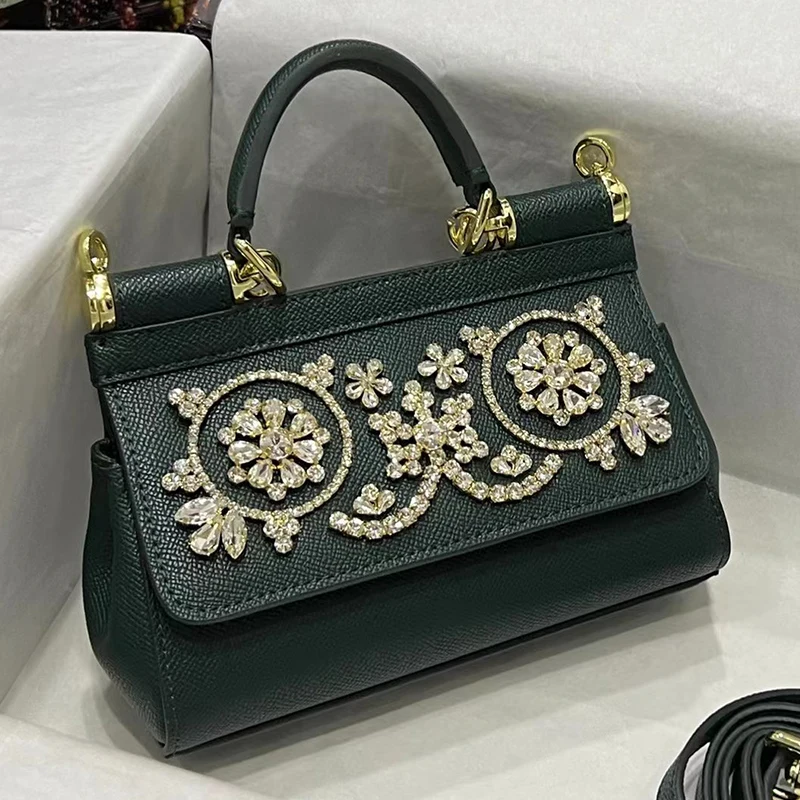 

Heavy craft beaded and diamond-encrusted clamshell leather handbag Women's new luxury multi-function slant span shoulder bag