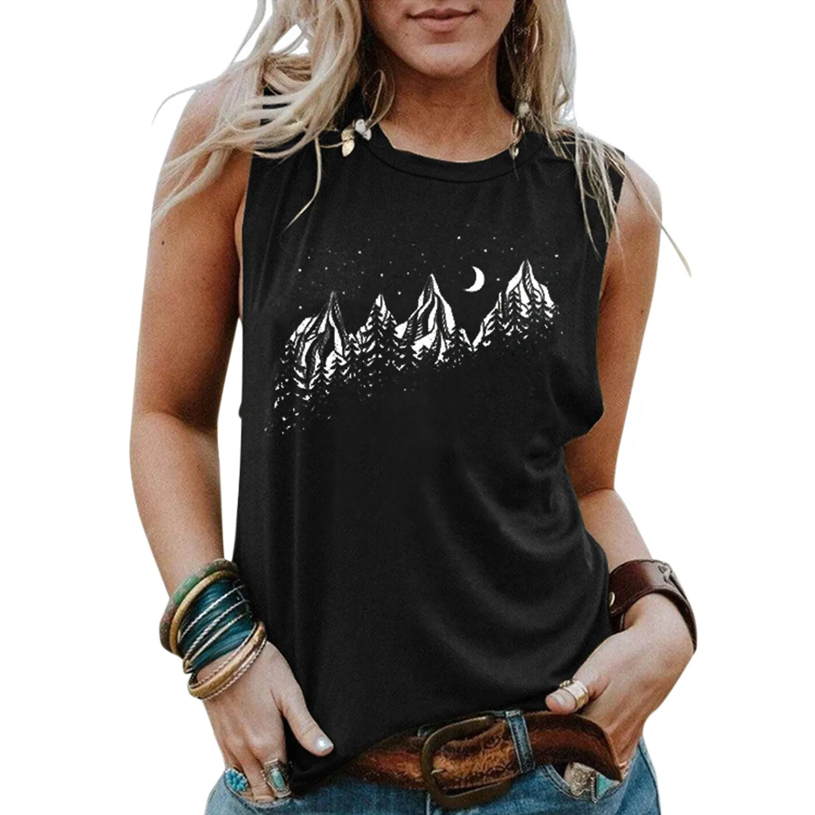

Майка женская без рукавов с принтом Луны и гор, повседневная винтажная одежда с круглым вырезом, жилет в Корейском стиле, топ в стиле Харадзю...