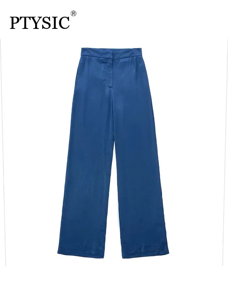 

PTYSIC Women Elegant Blue Straight Trousers Office Lady 2022 New Casual Long Pants Streetwear