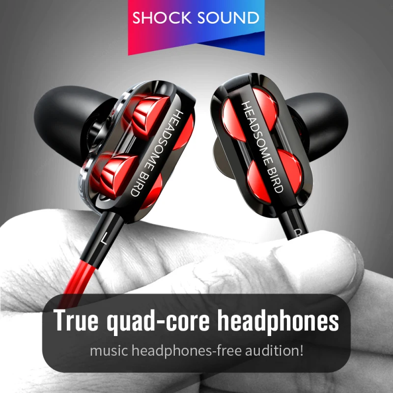

In-Ear Phone Earphones Wired Headphones Quad-core Heavy Bass Dual Dynamic Coil Earphone Stereo Headset With Microphone For Phone