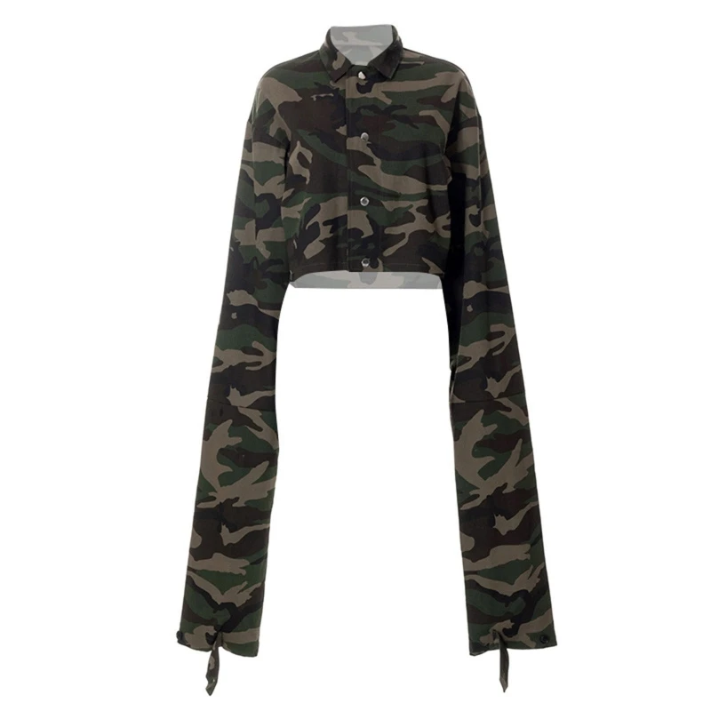 

Womens Jean Jacket Long Sleeve Camouflage Printed Lapel Collar Button Down Casual Loose Cropped Coat Street Outerwear
