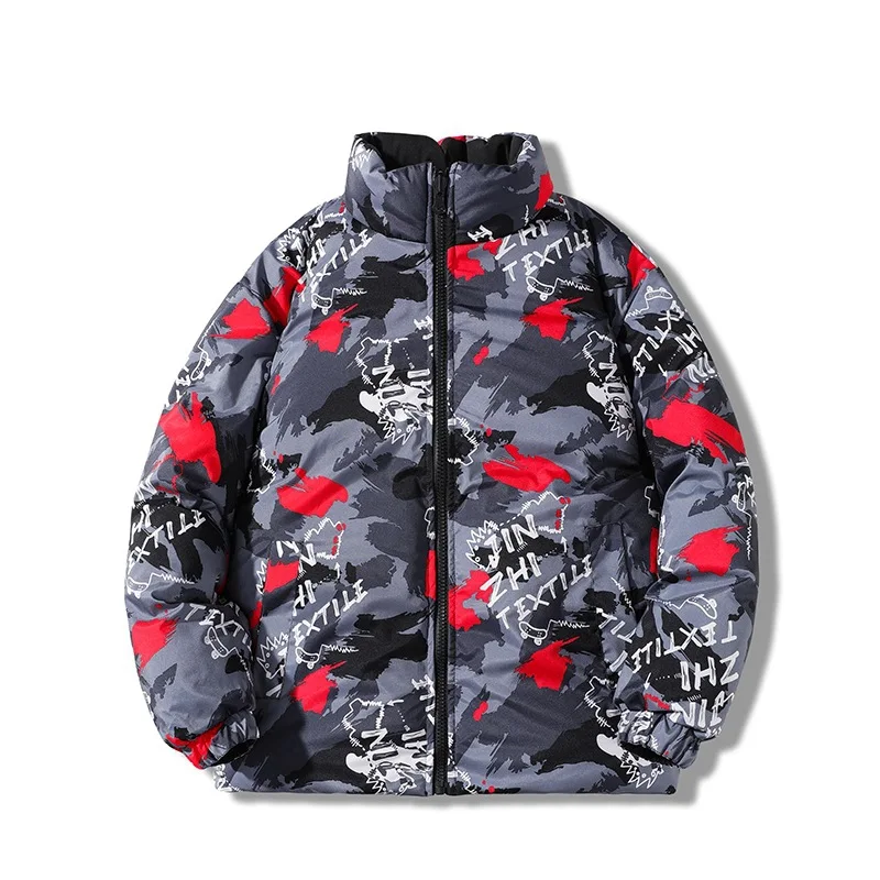 

High Street Thick Parkas Men Streetwear Vintage Reversible Printed Zip Parka Mens Harajuku Casual Warm Winter Coat Couple