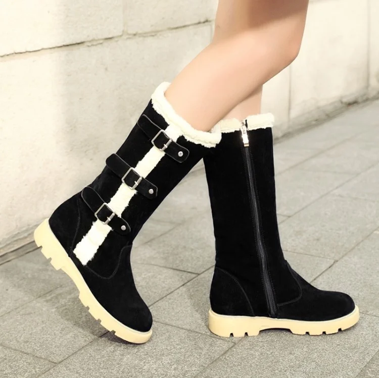 2022 Winter Ladies Boots Women Warm Plush Fur Snow Boots Suede Leather Shoes Low Heels Botas Mujer Invierno Female Footwear