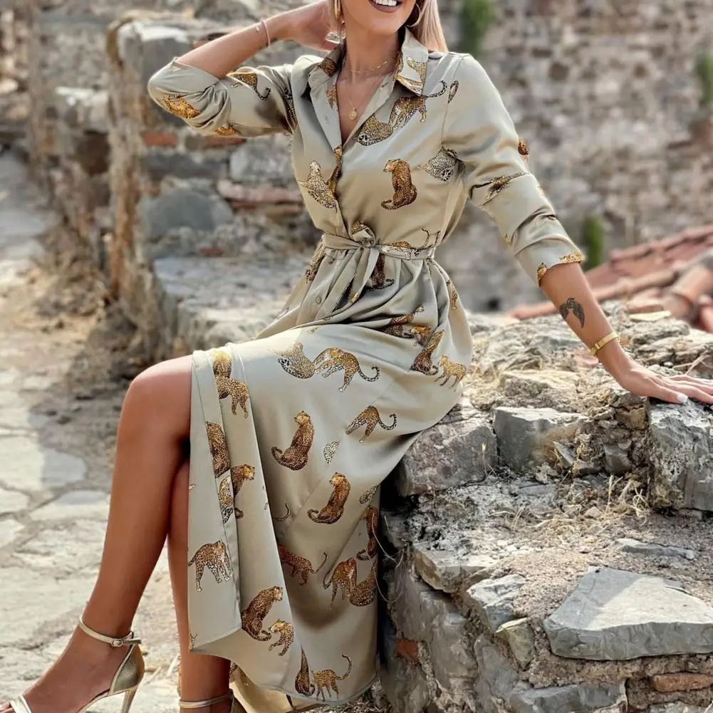 

Women Dress Lapel V Neck Long Sleeve Lady Maxi Dress A-Line Autumn Dress Women Waist Belt Satin Maxi Dress