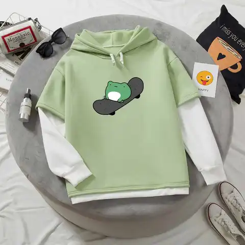 Kawaii Skateboard Frog Hoodie Color Block Sweatshirt Oversized Women Hoodies Harajuku Warm Pullover Hooded Tops Cute Clothes
