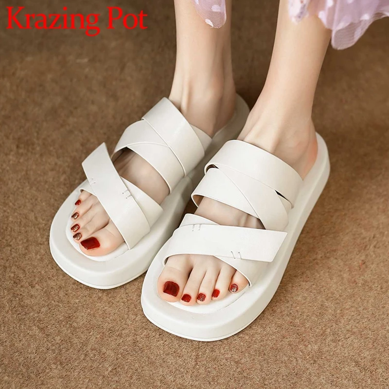 

Krazing Pot Genuine Leather Peep Toe Flat Platform High Street Fashion Solid Young Lady Outside Slip on Cozy Women Slippers L23