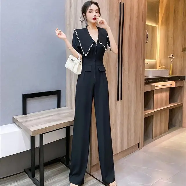 2023 Women V Neck Simple Chic Jumpsuit Fashion Short Sleeve Solid Straight Jumpsuits Playsuits Lady High Street Overall  Q41