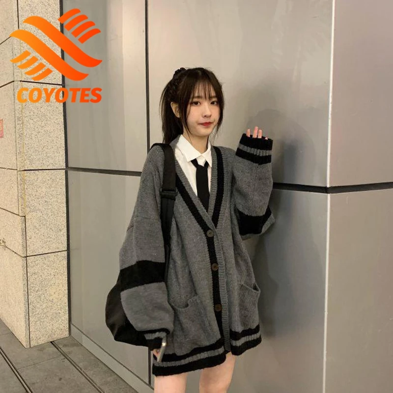 

COYOTES Cardigan For Women Gray Kawaii Knitted Button Lady Cardigans Sweaters V-neck Loose Casual Spring Coat Fashion Tops