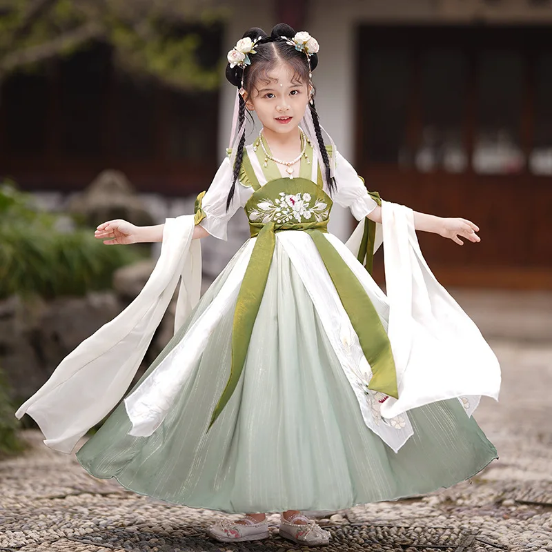 

Kids Fairies Tang Dynasty Clothes Girl Folk Dance Outfit Performance Chinese Green Floral Embroidery Dress Costume