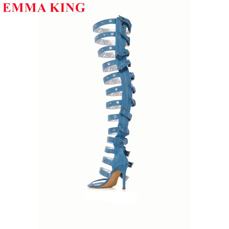 Босоножки женские выше колена модные сапоги на высоком каблуке с пряжкой молнией