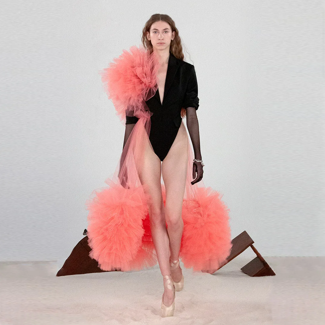 

Fashion Black Pink Bodysuit Women Outfits Ruffled Tulle Mini Jumpsuit Female Suits Stretchy Fabric Unique Top Custom Made