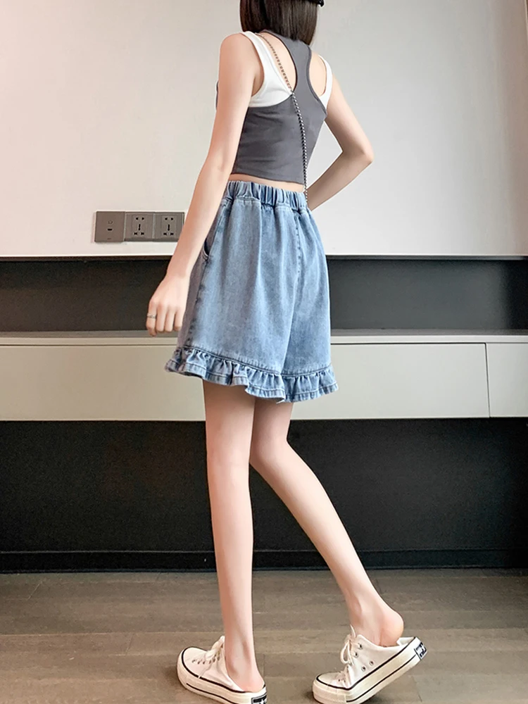 Streetwear Women Loose Ruffles Retro Denim Shorts Spring Summer Female Wide Leg Elastic Waist Jeans Shorts Bottoms