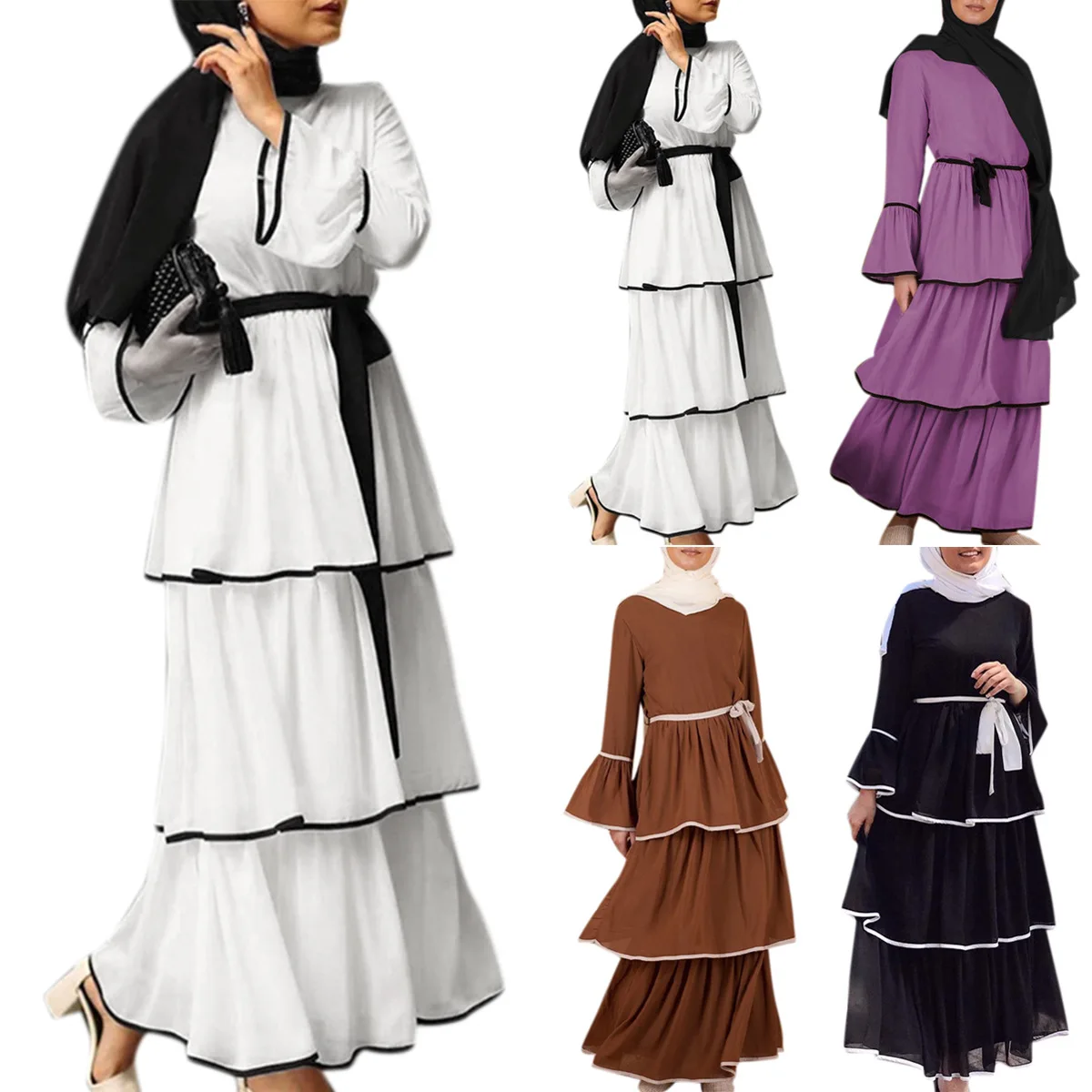 Мусульманское многослойное платье макси с длинным рукавом, вечернее платье в мусульманском стиле, одежда для вечеринки, черное шифоновое п...