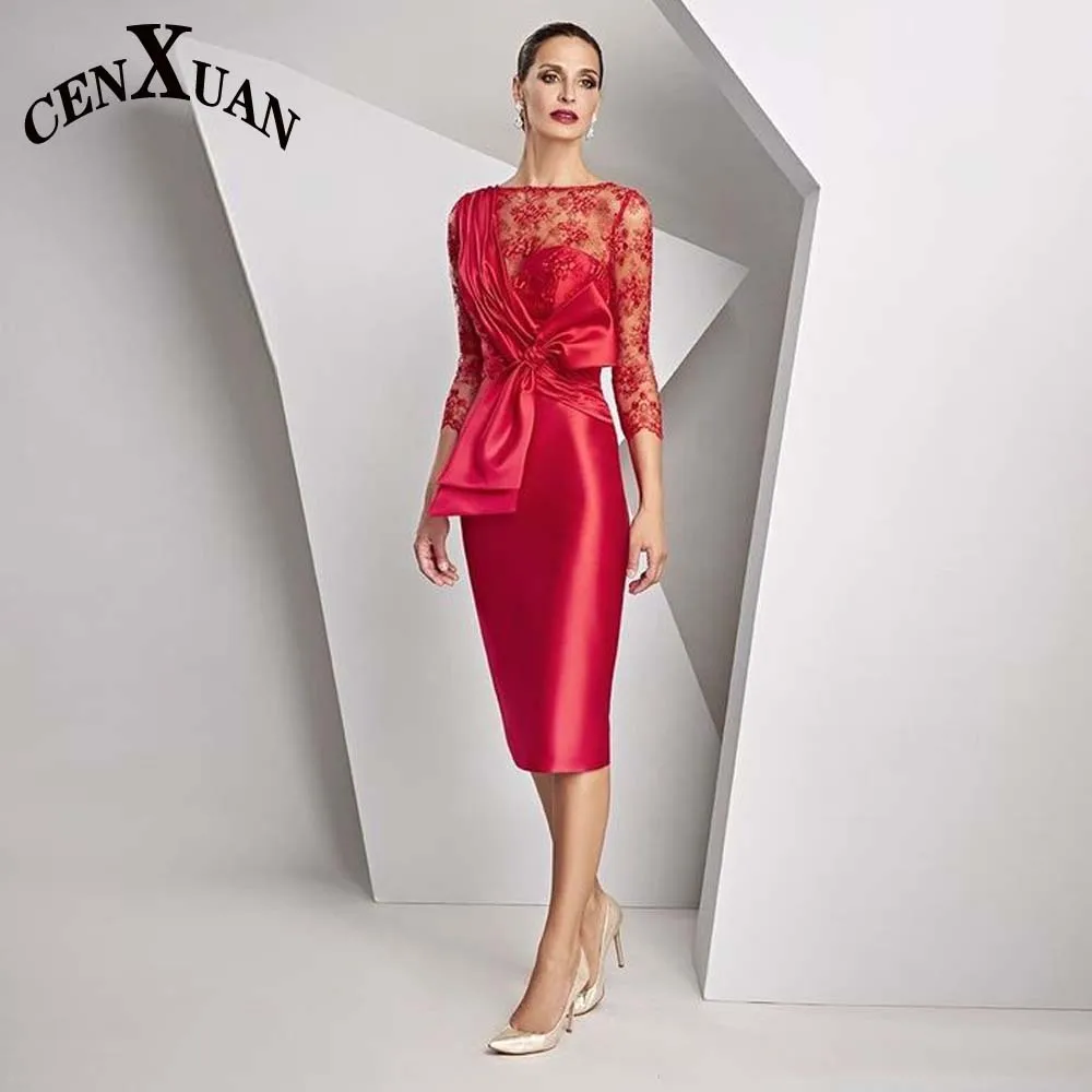 

Cenxuan Red Appliques SCOOP Mother of The Brides Bow Knee-Length Evening For Women Formal Party Robes De Soirée Custom Made