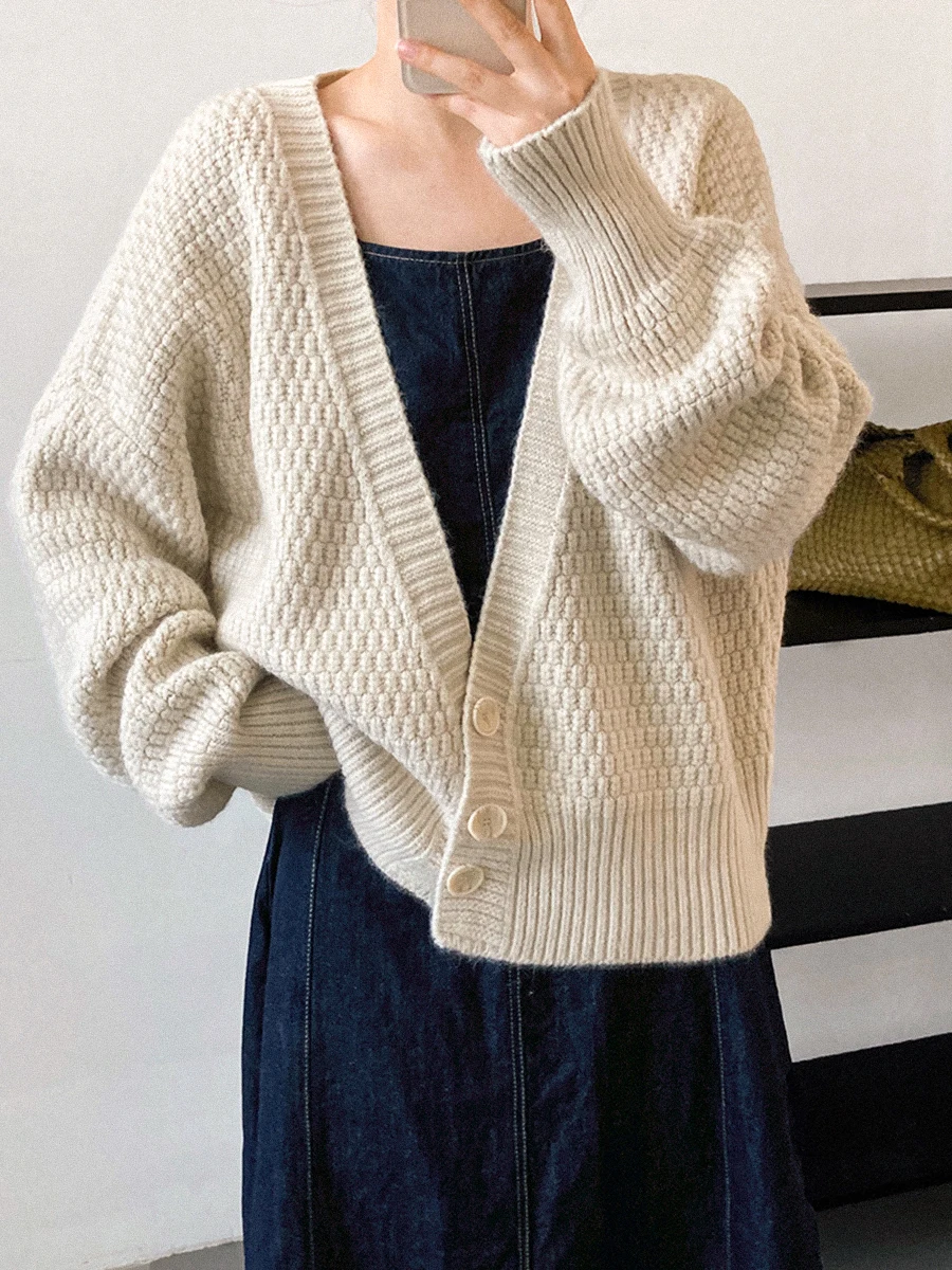 

Женский винтажный однотонный кардиган, однобортный свободный свитер с V-образным вырезом, простые элегантные свитера, Осень-зима 2022