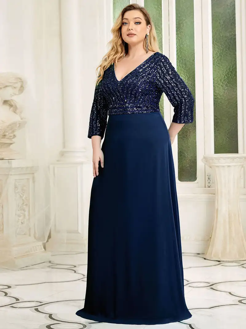 

Plus Size 9XL Evening Dresses Long A-LINE V-Neck Wrist Sleeve Floor-Length Gown 2023 Ever Pretty of Sequine Prom Women Dress