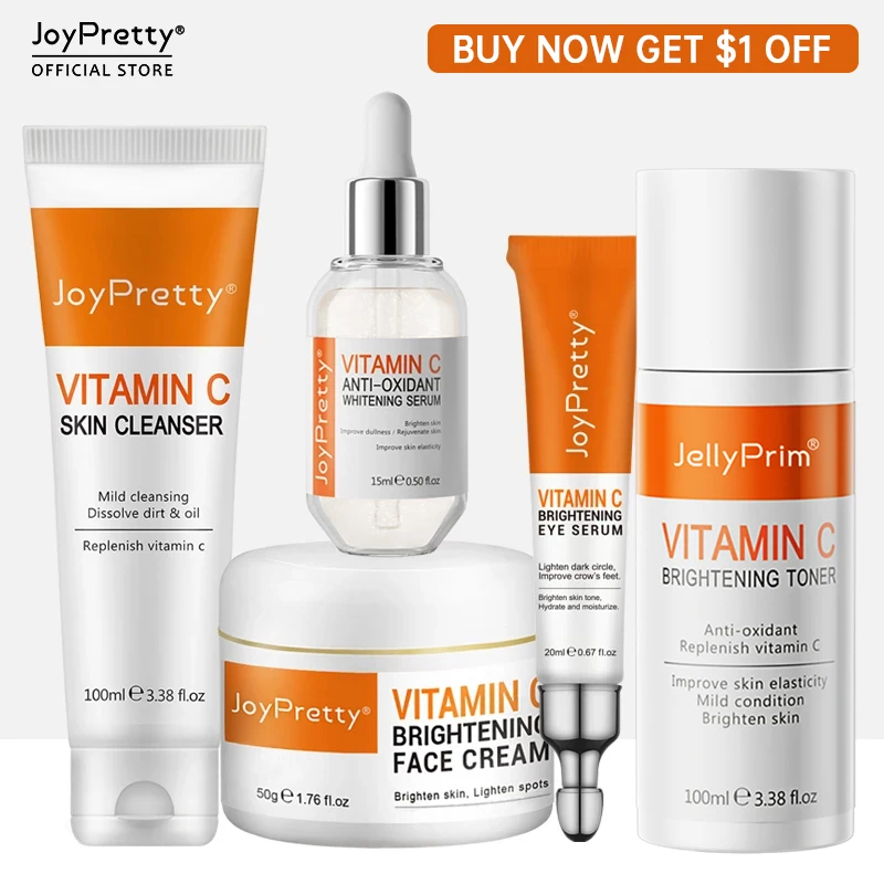 JoyPretty VC Skin Care Set Whitening Cream Cleaning Glowing Moisturizr for Dark Skin Serum Skincare Facial Products Kits 5 PCS