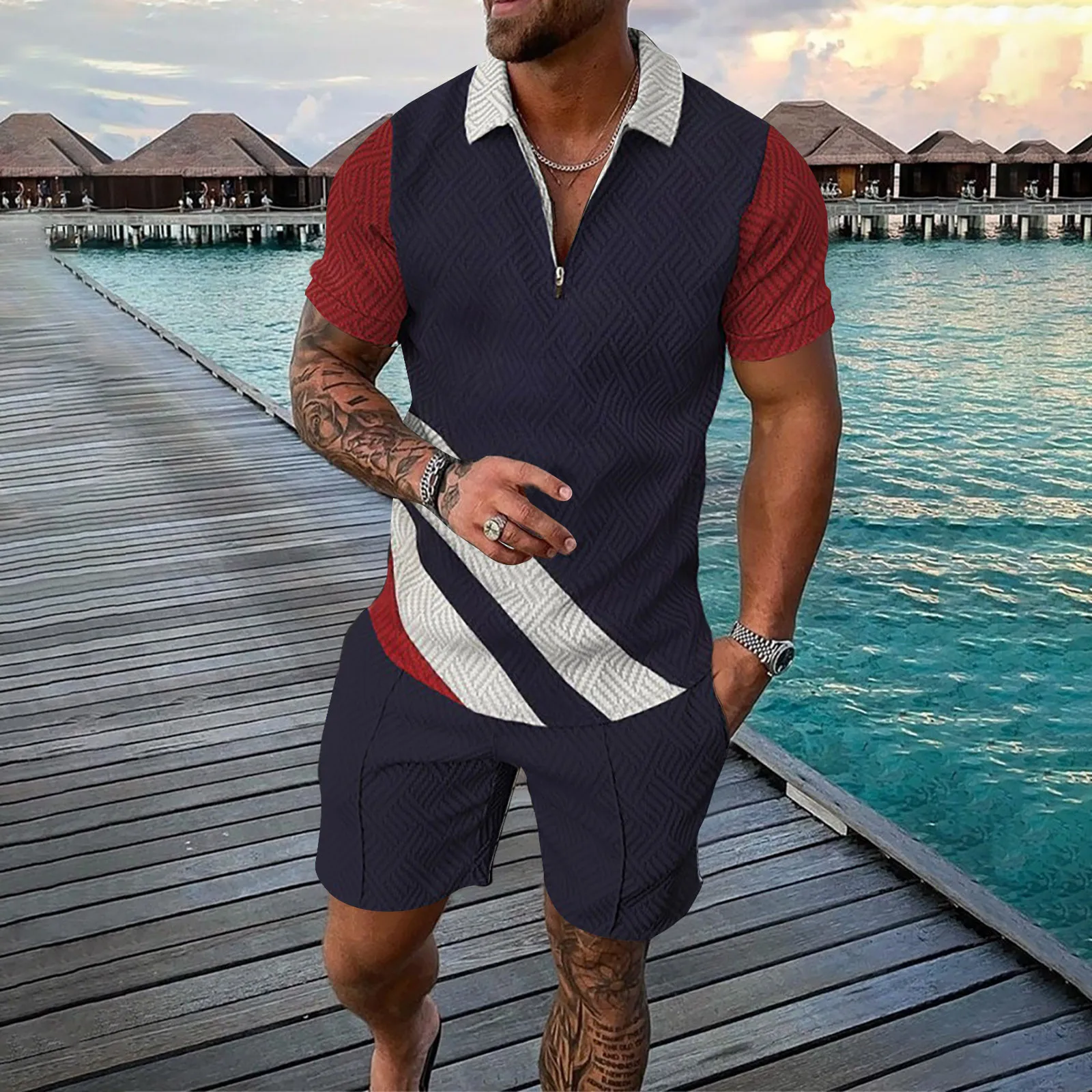 

Hawaiian Two Piece Set Man'S Short Sleeve Zipper Lapel Suit Shorts Beach Tropical Hawaiianss Body Sports Leisure Shorts Suit