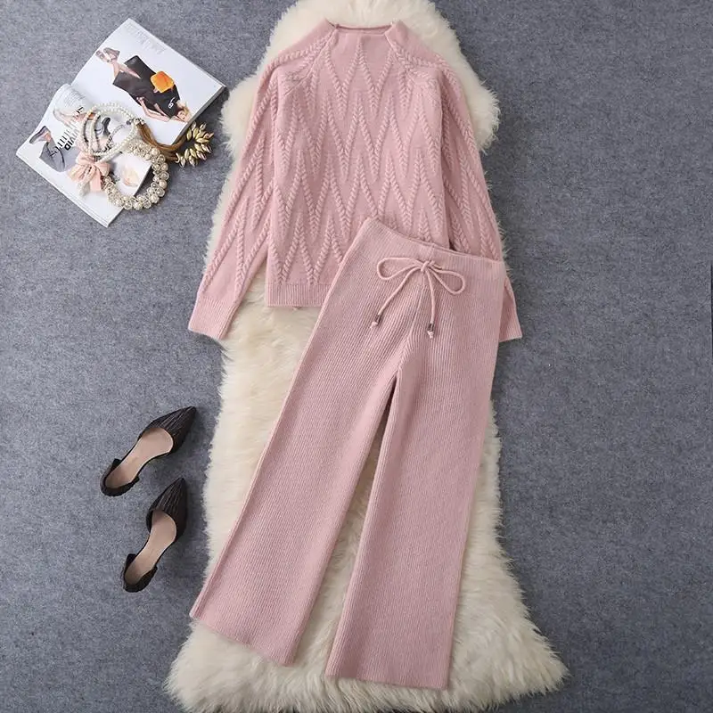 

Solid Fashion Autumn Winter Knitted Matching Sets Pink Half High Collar Pullover Sweater Wide Leg Knitting Pants All-match X82