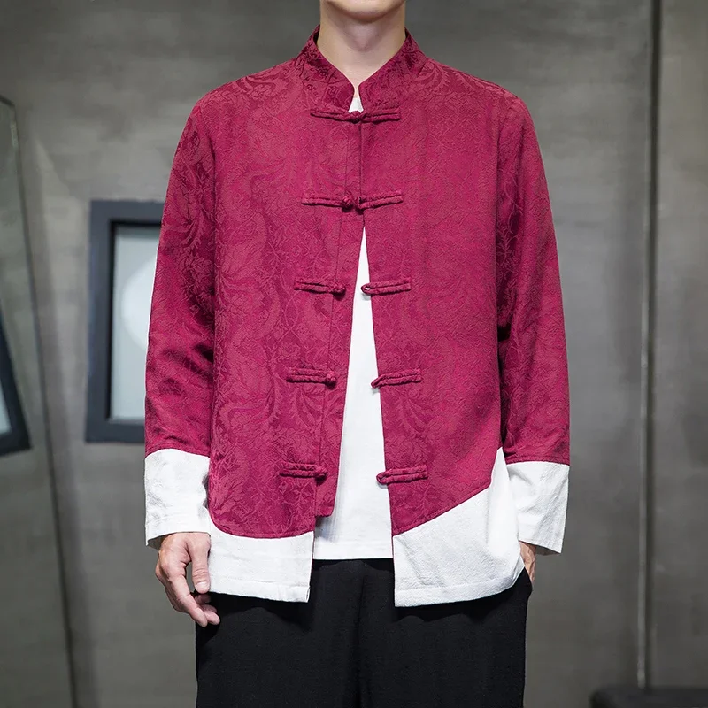 

Мужская хлопковая льняная куртка в китайском стиле, Повседневная осенне-зимняя куртка Hanbok с пряжкой, ретро топы с цветными блоками