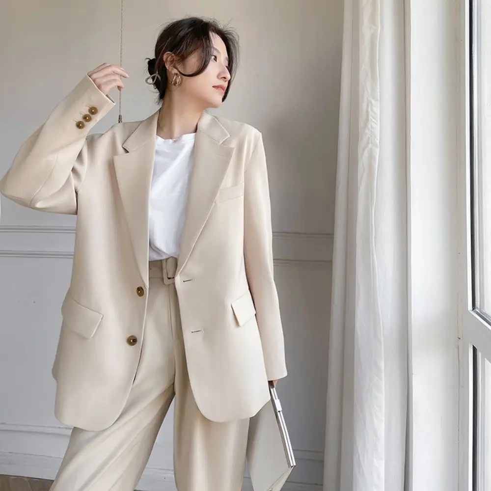 Solid Color Pants Suits Female Fashion Temperament 2023 Spring Summer New Loose Blazers & Straight Leg Trousers All-match Set