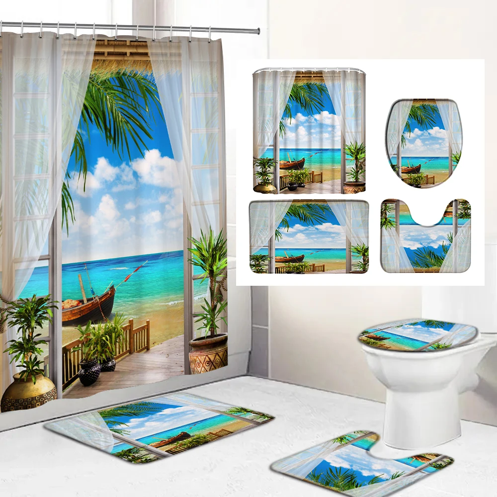 

Seaside Sea Beach Coconut Trees landscape 3D Printed Waterproof Shower Curtain with Rug Toilet Cover Bath Mat Set Bathroom Decor