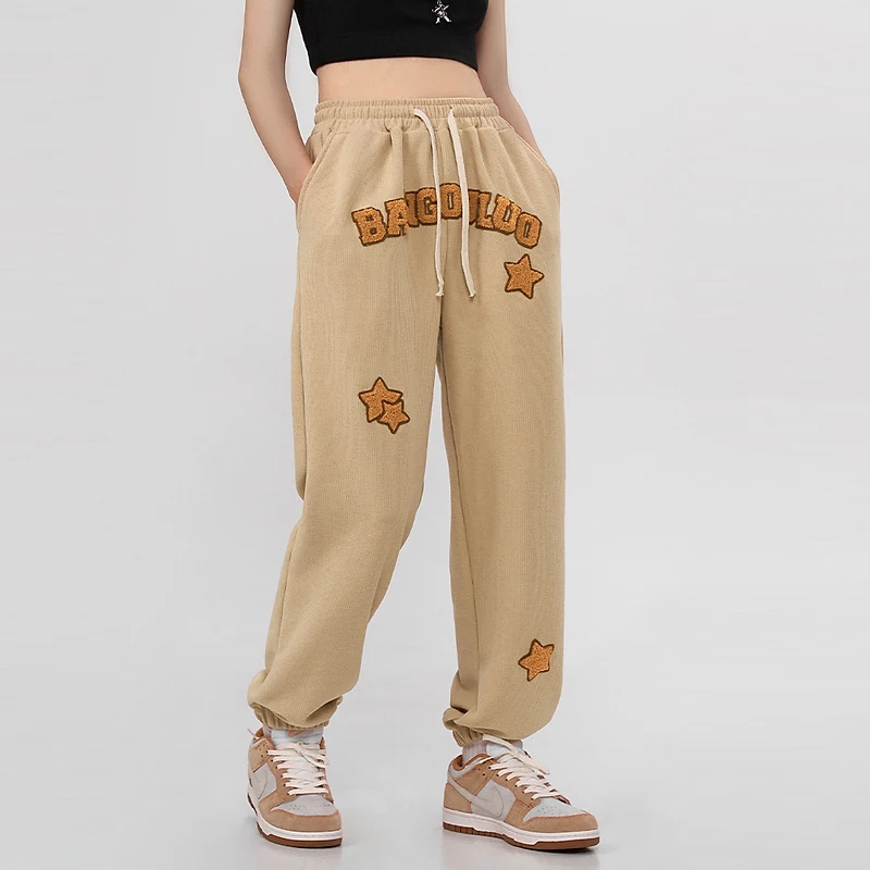 

Women's Bottoms Vintage Sports Pants Letter Towel Embroidery Casual High Waist Wide Leg Baggy Bundle Feet Trouser Ladies Summer