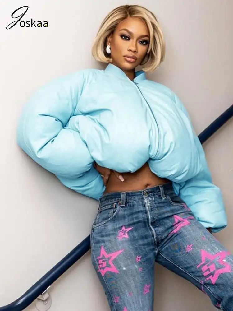 

Joskaa Casual Blue Loose Cotton-Padded Jacket Women Hipster Round Neck Full Sleeve Zip-Up Parkas Fall Winter 2023 Streetwear