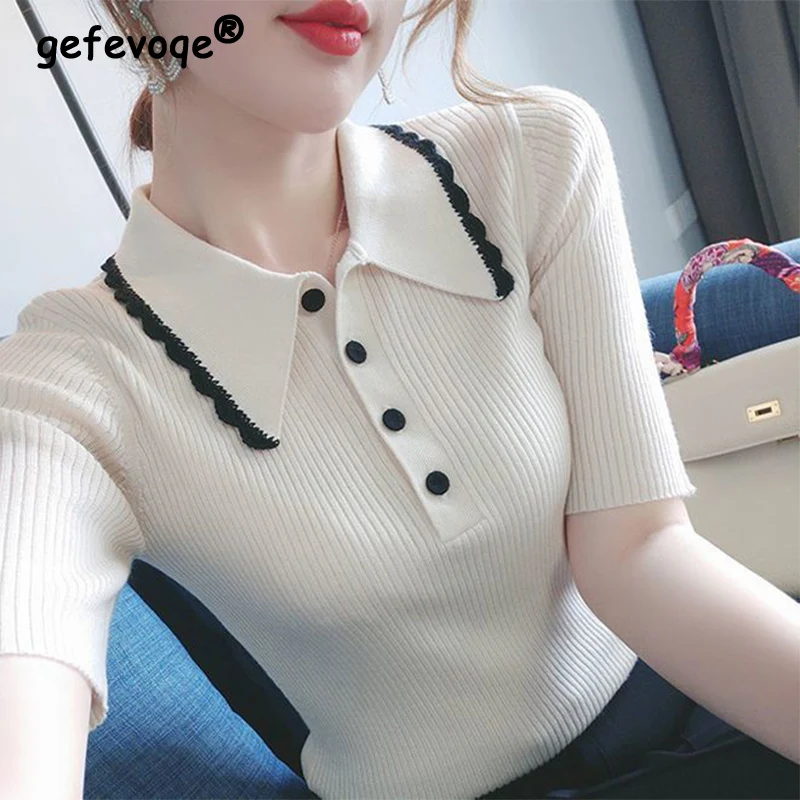 

Spring Summer Korean Style Slim All-match Knitting Tees Top Female Short Sleeve Casual Fashion Pullover T-shirt Women's Clothing