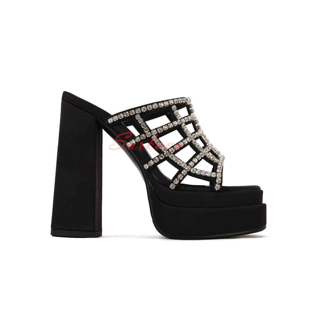 Mesh Crystal Platform Block Heel Sandals Solid Color Open Toe Thick Heel Summer Outdoor High Heel Slippers Fashion Runway Shoes