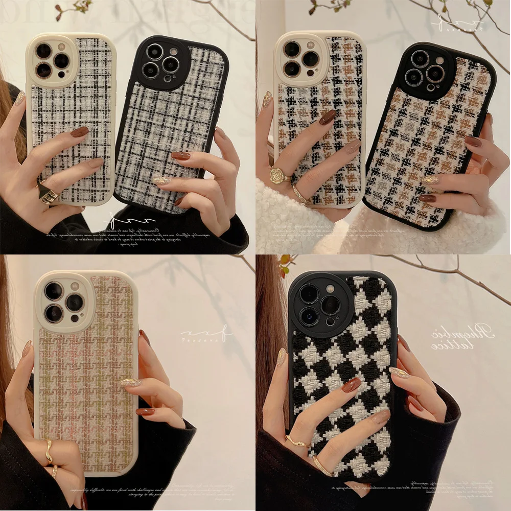

Korean Lattice Embroidery Phone Case For iPhone 14 Plus 13 12 11 Pro Max X XS XR Cartoon Plush Weave Silicone Phone Cover Fundas