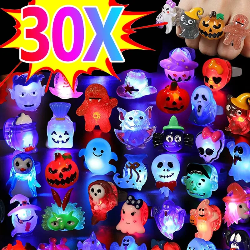 

10-30Pcs LED Luminous Halloween Rings Creative Pumpkin Ghost Skull Glowing in Dark Finger Rings Toys Lights Jewelry Party Gifts