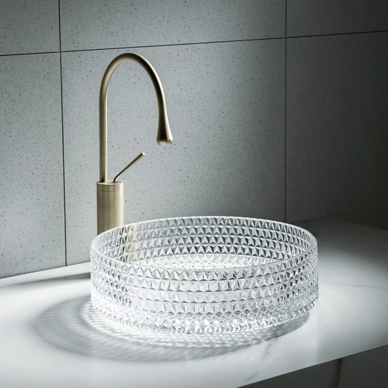 

Light luxury round art glass table basin wash basin household toilet table wash basin single basin balcony Basin