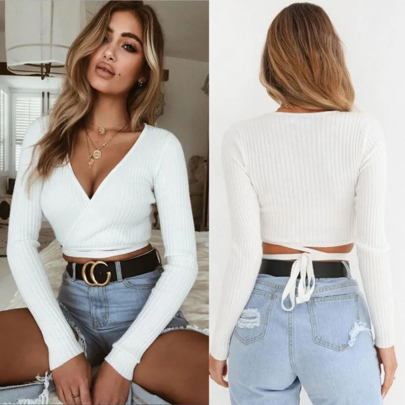 

Cross Sexy Top Black Crop Women Long Summer shirt T T-shirt 2019 Sleeve V-neck White Slim Khaki Slim T-shirt Black White Khaki L