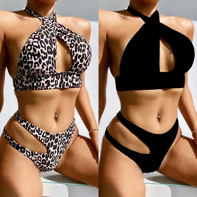 

Two-piece Suit Bikini Sexy Women's Swimming Suit Leopard Print Printing Chest Cutout Micro Thong Swimsuit Fused Solid Beachwear