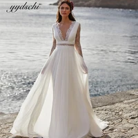 bohemian bech wedding dress long sleeves v neck floor length chiffon a line lace tulle illusion elegant vestido de novia