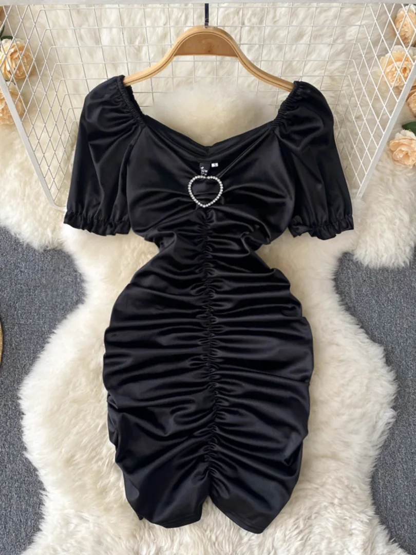 

New Summer Satin Dress for Women Fashion Black V-neck Short Sleeve Bodycon Mini Dress Elegant Ruched Club Party Dress Vestidos