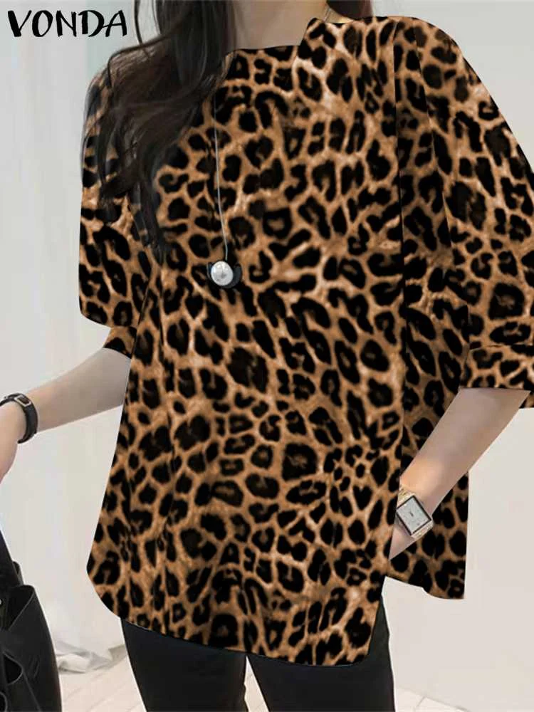 

VONDA Women Leopard Printed Blouse 2023 Summer Tops Tunic Baggy 3/4 Sleeve Office Elegant Shirts Bohemian Party Blusas Femininas