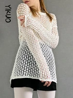 yikuo white vacation hollow out knit tops see through casual pullovers summer sweaters women elegant 2022 fashion smock shirts