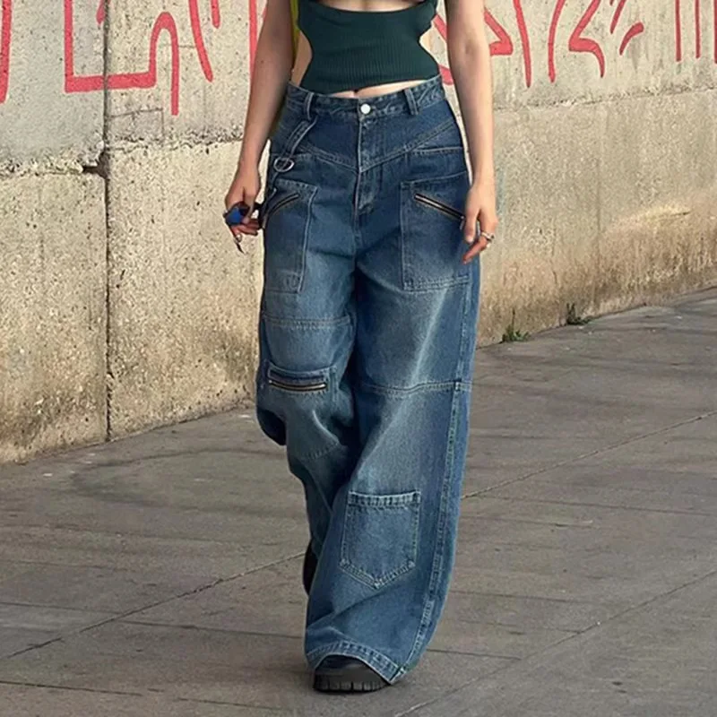 

2023 European and American Spicy Girls Jeans Y2k Street Low Waist Zip Pocket Loose Workwear Pants Casual Pants Women's Pants