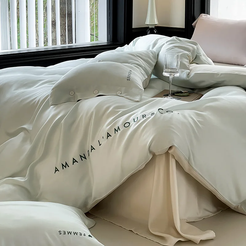 

Summer Les Aires Tencel Four Piece Set Pure Color Silk Slippery Nude Sleeping Skin friendly Bed Sheet bedding set