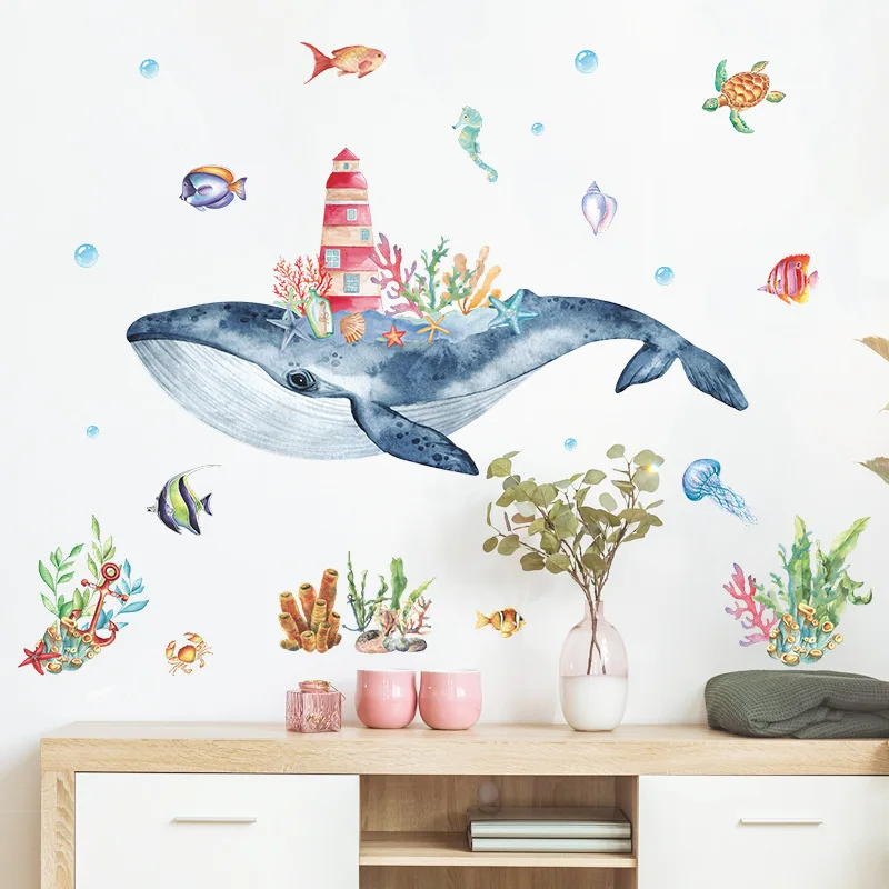 

Watercolor Submarine Whale Castle Wall Sticker PVC Self-adhesive Sea Animals Bedroom Art Decals Kids Room Home Decoration