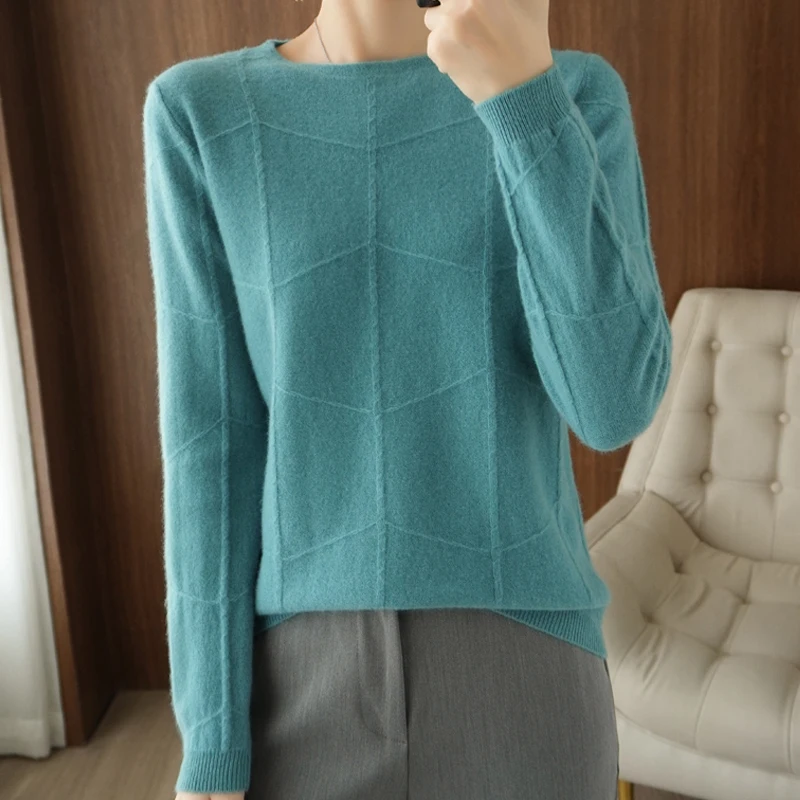 

Sweater Women's Round Neck Pullover Woolen Knit Fall Winter 2022 Versatile Rhomboid Solid Color Long Sleeve Loose Show Thin Base