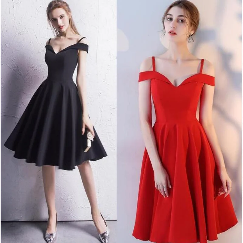 

2023 New Summer Women's Sexy Short Dress Luxury Red Black V-neck Chic and Elegant Loose Midi Formal Occasion Evening Dresses